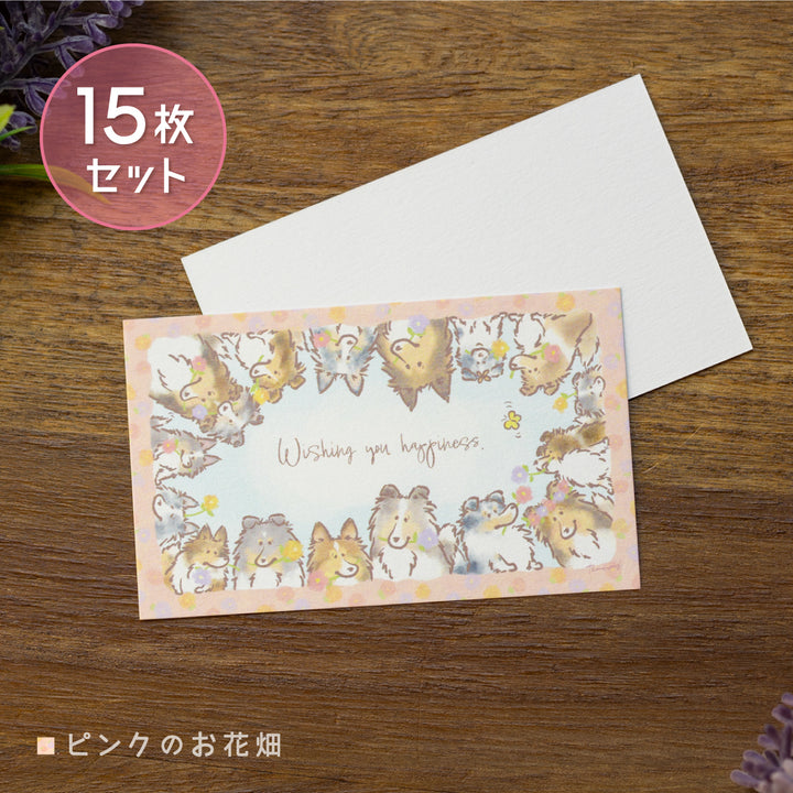 ひょっこりシェルティとお花【ピンクのお花畑】 | ミニメッセージカード 15枚セット